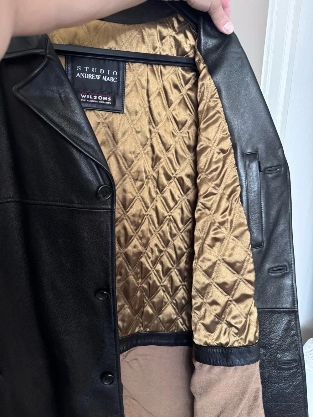 Andrew Marc Vintage Black Leather Trench Coat with Gold Quilted Lining
